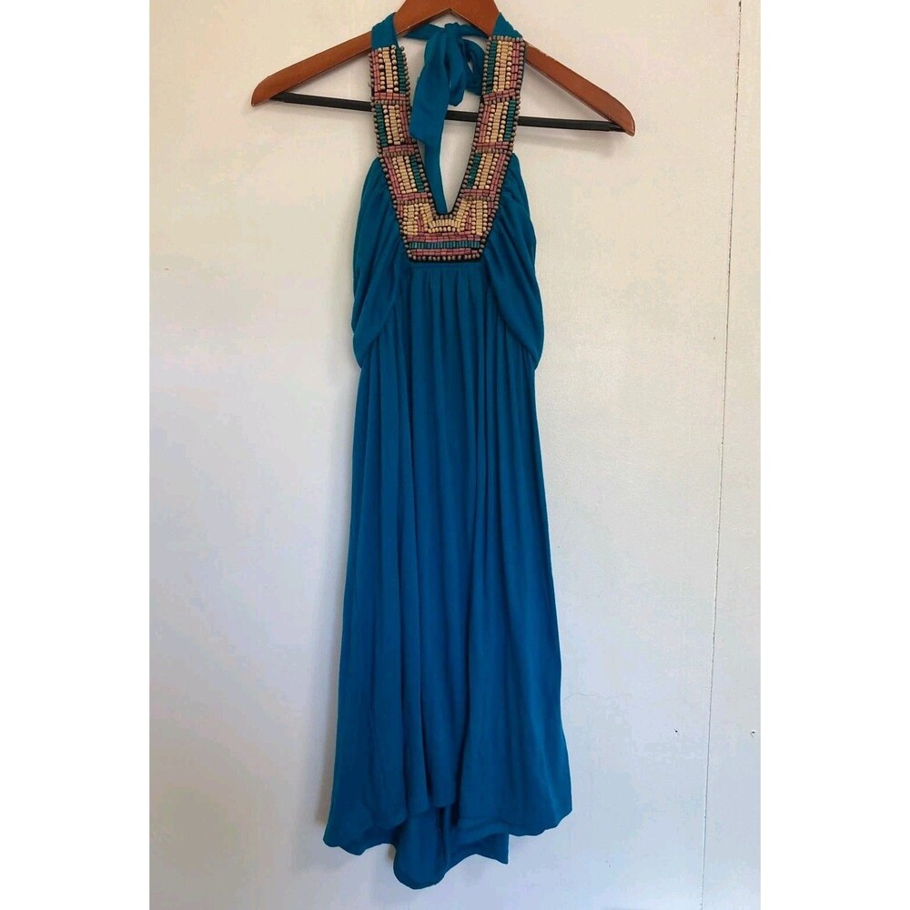Bailey Blue Dress Womens L Maxi Halter Beaded Blue Boho Festival Summer Beach